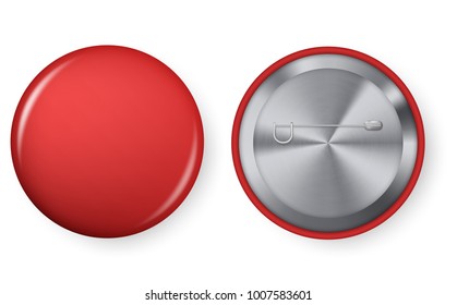 Collection Of Realistic Pin Buttons. Red Blank Badge Pin Brooch Isolated On White Background. 3D Vector Style. Red Blank Badging Round Button Badge Isolated Realistic Vector Template.