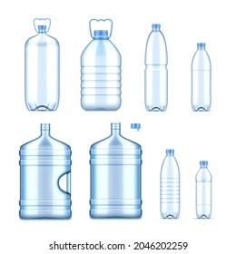 Collection realistic plastic bottles vector illustration. Set empty 3d transparent container for water carrying and storage isolated on white. Clear jar with cap and handle different shapes and size
