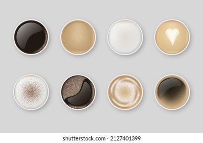 Collection Realistic Porcelain Cup And Saucer Full Of Coffee Hot Beverage Top View Vector Illustration. Set Ceramic Mugs With Americano, Espresso, Cappuccino, Latte, Foam Art, Cinnamon Sprinkle