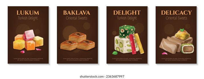 Collection of realistic posters advertising lukum baklava turkish delight and delicacy isolated vector illustration