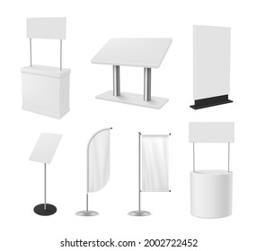 Collection of realistic promo stand vector illustration. Set of promotional 3d white blank advertising counters isolated. Advertisement event desks empty promotion tables with signboard