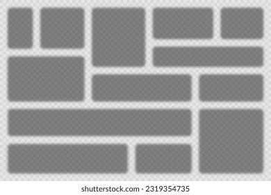 Collection of realistic rectangular shadows. Transparent square page dividers. Design elements. Frame, border template. Vector illustration