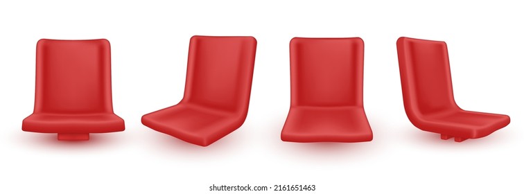 Collection realistic red stadium seats front side view vector illustration. Set sports fan place for sitting chair for game playing auditorium spectator isolated. Competition event public armchair