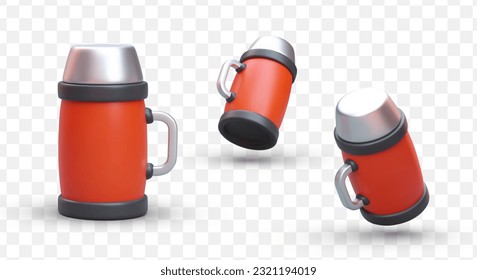 Collection of realistic red thermoses. Isolated vector image. Tourist tableware for adults and children. Personal drink. Convenient packaging for hiking