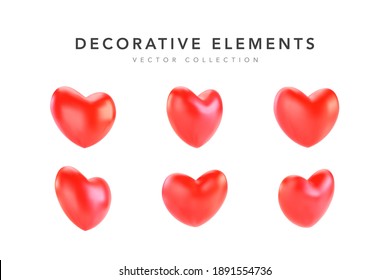 Collection of realistic red valentine hearts. 3d render heart. Vector illustration