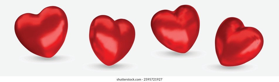 Collection of realistic red valentine hearts. 3d render heart. Vector illustration
