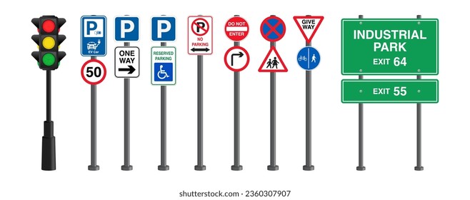 Collection of Realistic Road Signs, Traffic Lights, and Semaphores. Traffic lights, traffic sign, Signposts and green road traffic signs set. Mock up. Isolated information sign. Direction. Vector.