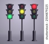 Collection of realistic road traffic lights on a stand. Vector illustration.