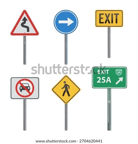 A collection of realistic roadsigns depicting various highway directions, guidance, and warning symbols. The signs include turn warning, exit, pedestrian crossing, and no car entry.	