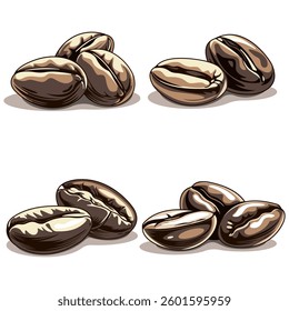 A collection of realistic roasted coffee beans. A template for the design of a logo, sticker, packaging and advertising. Isolated on a white background. Vintage vector illustration in a flat style.