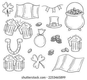 Collection of realistic Saint PAtrick's day elements: clover, Ireland flag, string with flags, bag with money, golden coins. Mugs of beer, horseshoe, cauldron vector sketch illustration engraving