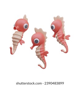 Collection with realistic seahorses in different positions. Concept of underwater world colorful sea characters. Marine animal. Vector illustration in 3d style