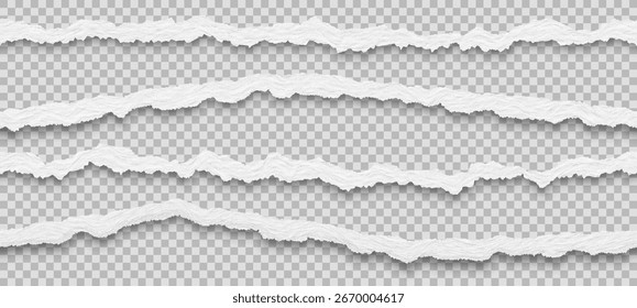 Coleção de bordas de papel rasgado sem emenda realista com sombras isoladas no fundo claro. Ilustração vetorial.