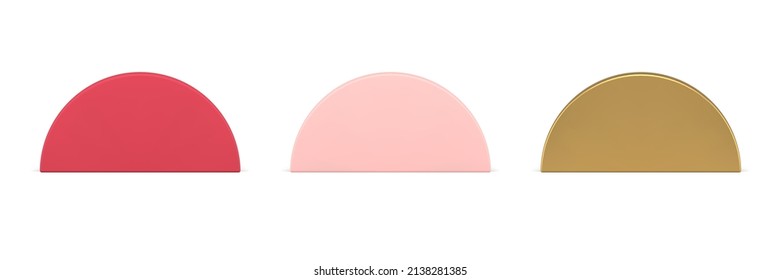 Collection realistic semicircle vertical wall pedestal foundation 3d template decorative design vector illustration. Set bright glossy minimalist geometric shape isometric exhibition stage display