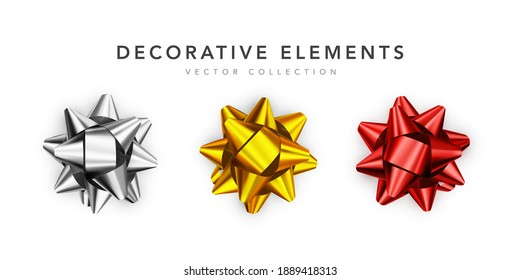 Collection of realistic shiny bows isolated on white background. Golden, silver, red, gift bows for cards, presentation, valentine's day, christmas and birthday illustrations. Top view.  Vector illust