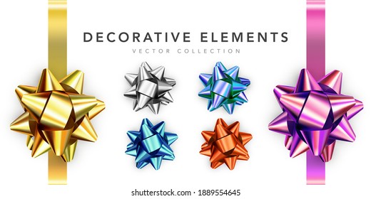 Collection of realistic shiny bows isolated on white background. Golden, silver, red, gift bows for cards, presentation, valentine's day, christmas and birthday illustrations. Vector illustration