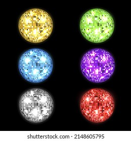 Collection realistic shiny neon gloss disco ball vector illustration. Set abstract bright mirror music party. Round reflection texture sphere night club decor golden, green, purple, blue, red, silver