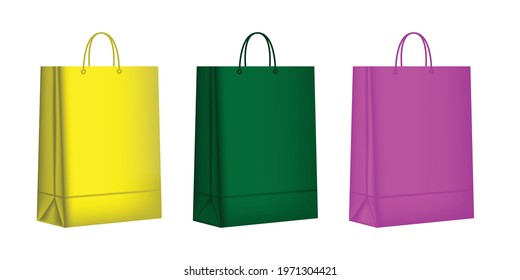 Collection of realistic shopping bag paper isolated on white background , Yellow green pink color . Mock up with blank screen . Vector illustration