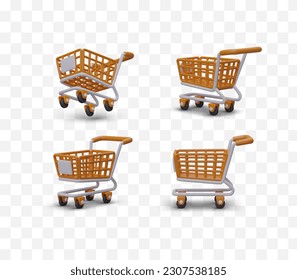 Colección de carros de compras realistas. Moderno lado del carro de la compra, inferior, vista frontal. Iconos brillantes, ilustraciones, hechos en el mismo estilo para el diseño web de la empresa comercial, tienda