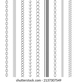 Collection realistic silver chains and necklaces different shape vector illustration. Set metal chainlet with variety chain link connection isolated. Elegance jewelry luxury accessory beauty design