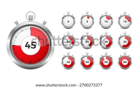 Collection of realistic silver stopwatch timers showing different time intervals from 0 to 60 with red indicator zones