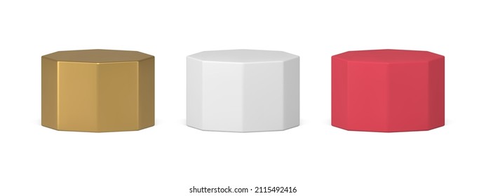Collection realistic six sided render stage platform for marketing product presenting 3d template vector illustration. Set of hexagonal geometric shape podium minimalist glossy luxury design isolated