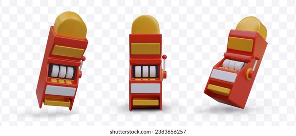 Collection with realistic slot machine in different positions. Golden slot machine wins the jackpot. Casino Vegas game. Vector illustration in 3D style