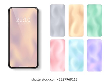Collection of realistic smartphone and 6 abstract pastel display backgrounds with blurred soft gradient. Vibrant fluid monochrome phone wallpaper. Mock up of empty modern digital gadget backdrop