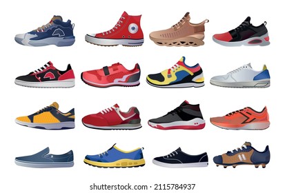 Collection of realistic sneakers of different types. Sports shoes in detailed style.