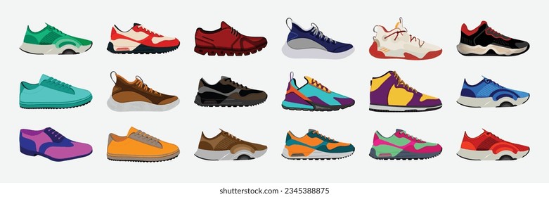 Collection of realistic sneakers of different types. Sports shoes in detailed style.	