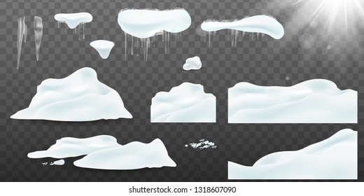 Collection of realistic snow caps, snow, snowball, pile, icicles, snowdrift. Christmas snow, white elements, holiday vector snow. Design template for winter and christmas. Spring Sun flash with rays