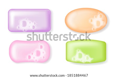 Collection of realistic soap bars of different shape and color with foam and bubbles isolated on white background. Template 3d vector illustration