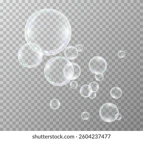 Collection of realistic soap bubbles. Holiday bubbles.Network of realistic soap bubbles Png, 3D graphics glare and transparency effect. Vector flying soap bubbles.