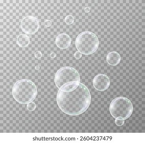 Collection of realistic soap bubbles. Holiday bubbles.Network of realistic soap bubbles Png, 3D graphics glare and transparency effect. Vector flying soap bubbles.