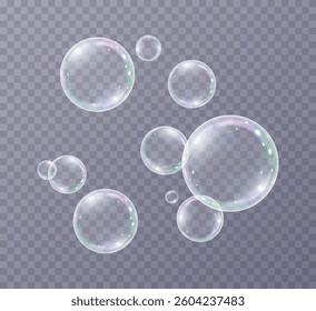 Collection of realistic soap bubbles. Holiday bubbles.Network of realistic soap bubbles Png, 3D graphics glare and transparency effect. Vector flying soap bubbles.