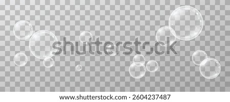 Collection of realistic soap bubbles. Holiday bubbles.Network of realistic soap bubbles Png, 3D graphics glare and transparency effect. Vector flying soap bubbles.