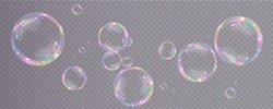 Collection Of Realistic Soap Bubbles. Bubbles Are Located On A Transparent Background. Vector Flying Soap Bubble. Bubble PNG Water Glass Bubble Realistic Png	
