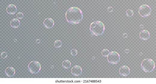 Sammlung von realistischen Seifenblasen. Blasen befinden sich auf transparentem Hintergrund. Vektorfliegende Seifenblase. Bubble PNG Wasserglas-Blase realistische PNG	
