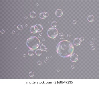 Collection of realistic soap bubbles. Bubbles are located on a transparent background. Vector flying soap bubble. Bubble PNG Water glass bubble realistic png