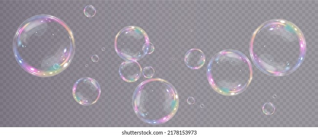 Colección de burbujas de jabón realistas. Las burbujas se encuentran en un fondo transparente. Burbuja de jabón volador vectorial. Bubble PNG Burbuja de vidrio de agua png realista	
