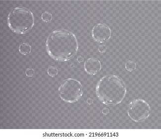 Sammlung von realistischen Seifenblasen. Blasen befinden sich auf transparentem Hintergrund. Vektorfliegende Seifenblase. Bubble PNG Wasserglas-Blase realistische PNG	