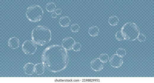 Sammlung von realistischen Seifenblasen. Blasen befinden sich auf transparentem Hintergrund. Vektorfliegende Seifenblase. Bubble PNG Wasserglas-Blase realistische PNG