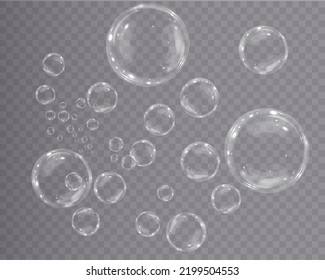 Sammlung von realistischen Seifenblasen. Blasen befinden sich auf transparentem Hintergrund. Vektorfliegende Seifenblase. Bubble PNG Wasserglas-Blase realistische PNG