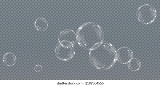 Sammlung von realistischen Seifenblasen. Blasen befinden sich auf transparentem Hintergrund. Vektorfliegende Seifenblase. Bubble PNG Wasserglas-Blase realistische PNG