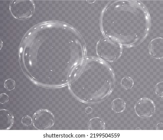 Sammlung von realistischen Seifenblasen. Blasen befinden sich auf transparentem Hintergrund. Vektorfliegende Seifenblase. Bubble PNG Wasserglas-Blase realistische PNG