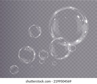 Sammlung von realistischen Seifenblasen. Blasen befinden sich auf transparentem Hintergrund. Vektorfliegende Seifenblase. Bubble PNG Wasserglas-Blase realistische PNG