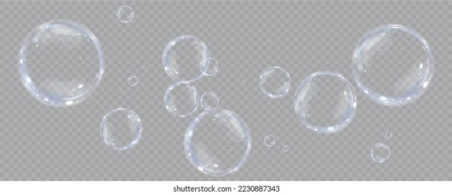 Sammlung von realistischen Seifenblasen. Blasen befinden sich auf transparentem Hintergrund. Vektorfliegende Seifenblase. Bubble PNG Wasserglas-Blase realistische PNG