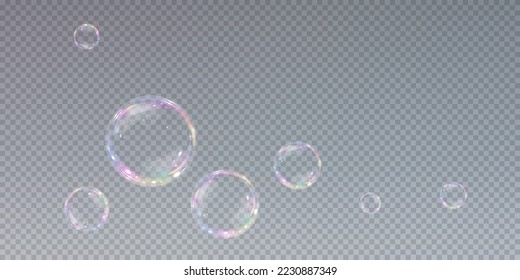 Collection of realistic soap bubbles. Bubbles are located on a transparent background. Vector flying soap bubble. Bubble PNG Water glass bubble realistic png