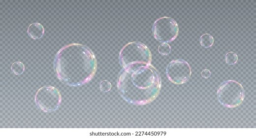 Colección de burbujas de jabón realistas. Las burbujas se encuentran en un fondo transparente. Burbuja de jabón volador vectorial. Bubble PNG Burbuja de vidrio de agua png realista