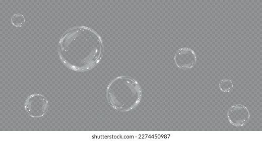 Colección de burbujas de jabón realistas. Las burbujas se encuentran en un fondo transparente. Burbuja de jabón volador vectorial. Bubble PNG Burbuja de vidrio de agua png realista